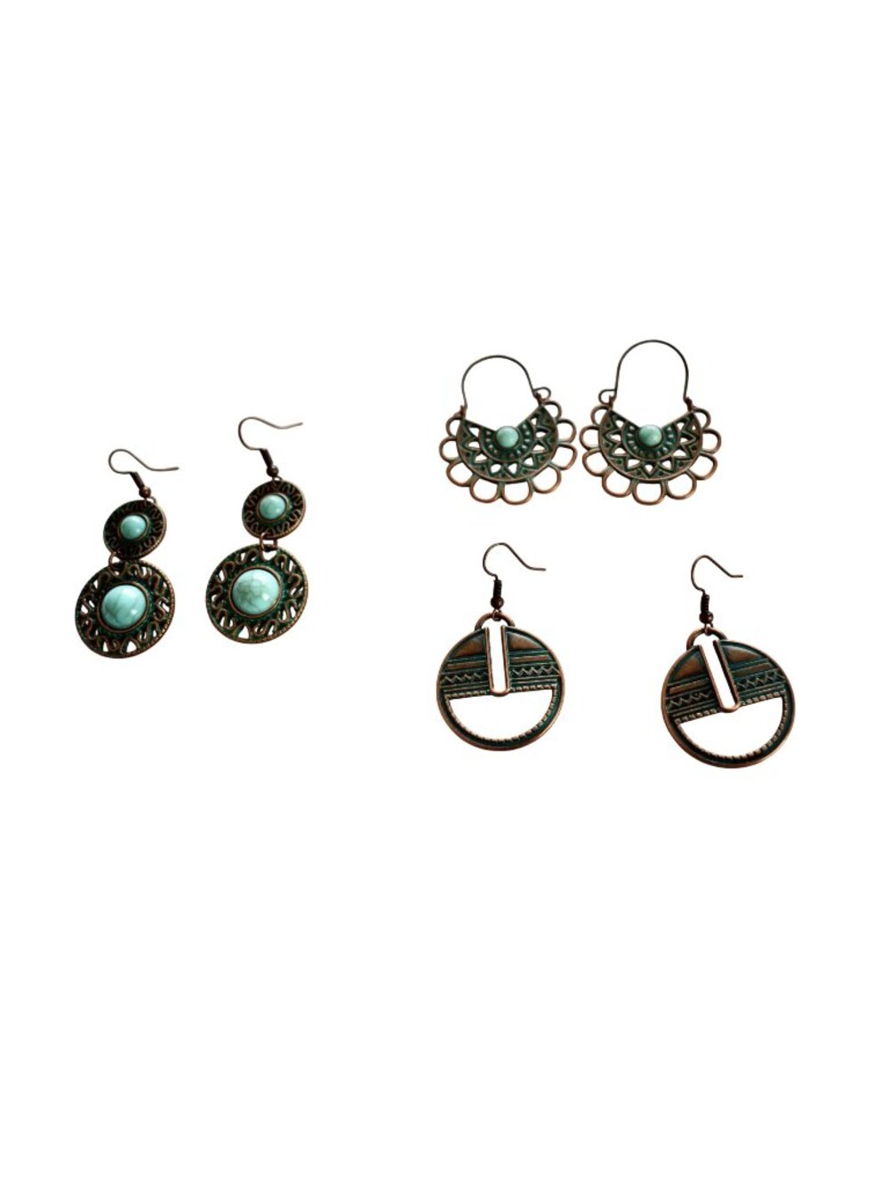3 Pairs Women's Copper and Faux Turquoise Boho Southwestern Earrings